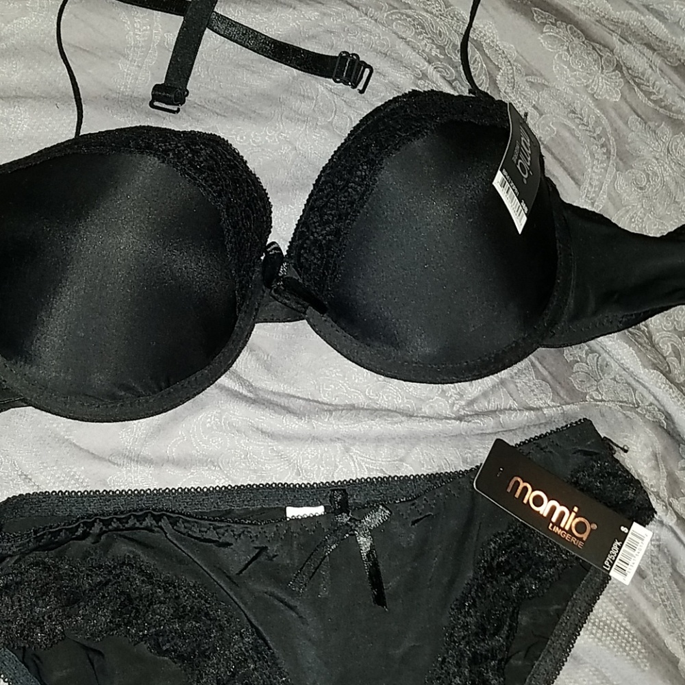 NWT 2pc * 38B black satin bra & panty